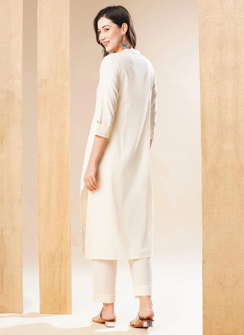 globus  Globus Women Off White Floral Yoke Design Thread Work Pure Cotton A-Line Kurta With Trousers for Women | Best Price UAE